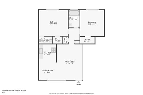 Floor plan for 2 beds, 1 bath, 930 sqft