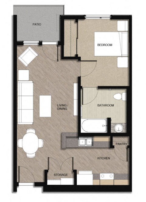 Floor plan for 1 bed, 1 bath, 600 sqft