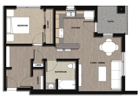 Floor plan for 1 bed, 1 bath, 656 sqft