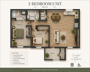Douglas apartment for rent - A 2-bedroom unit floor plan at 925 S.F. with a living area, kitchen, dining area, and bathrooms.