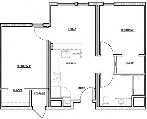 Floor plan for 2 beds, 1 bath, 795 sqft