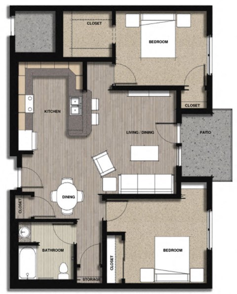 Floor plan for 2 beds, 1 bath, 959 sqft