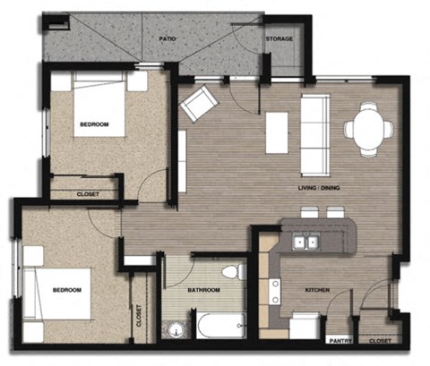 Floor plan for 2 beds, 1 bath, 916 sqft