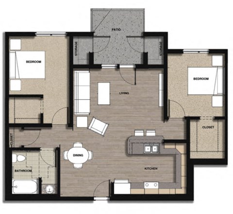 Floor plan for 2 beds, 1 bath, 957 sqft