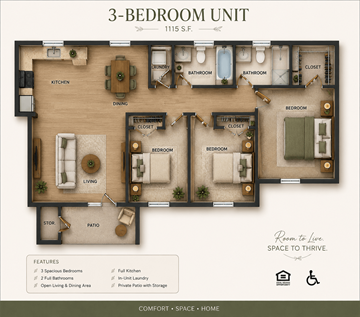 Douglas apartment for rent - A 3-bedroom unit floor plan at 1115 S.F.