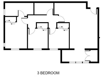 Santa Maria apartment for rent - A 3 bedroom floor plan with a living room, two bathrooms, and a kitchen.