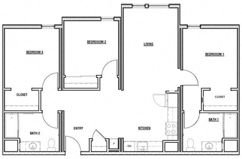 Floor plan for 3 beds, 2 baths, 1240 sqft