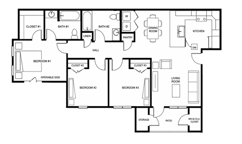 Floor plan for 3 beds, 2 baths, 1000 sqft
