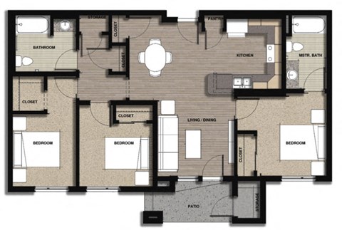 Floor plan for 3 beds, 2 baths, 1046 sqft