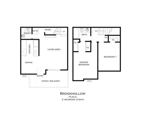 Floor plan for 2 beds, 1.5 baths, 989 sqft