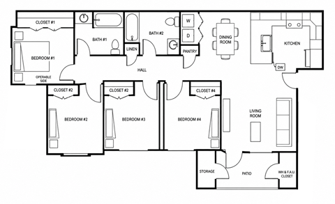 Floor plan for 4 beds, 2 baths, 1126 sqft