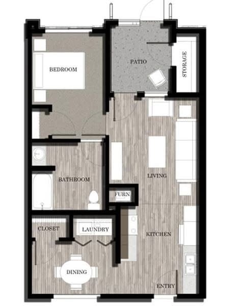 Floor plan for 1 bed, 1 bath, 600 sqft