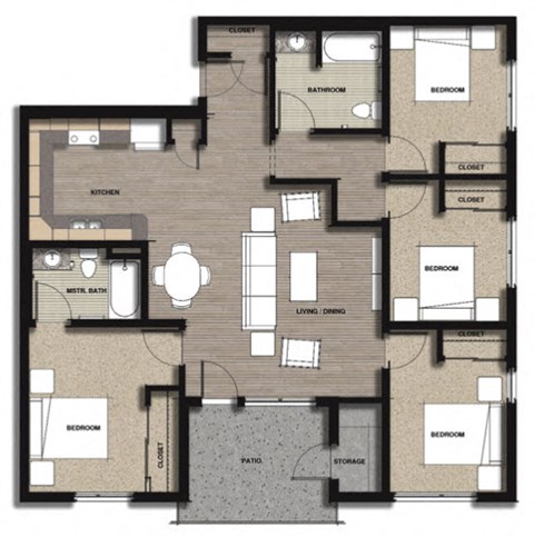 Floor plan for 4 beds, 2 baths, 1276 sqft