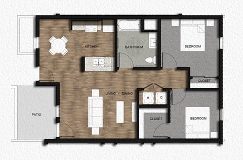 Floor plan for 2 beds, 1 bath, 971 sqft