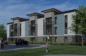 American Canyon apartment for rent - a rendering of an apartment building with a child playing with a balloon in front of it