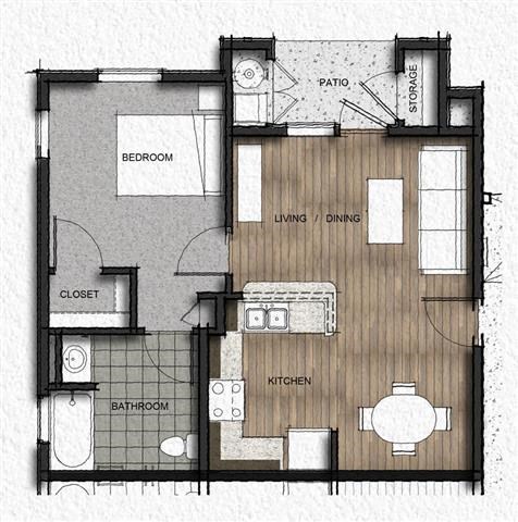 Floor plan for 1 bed, 1 bath, 644 sqft