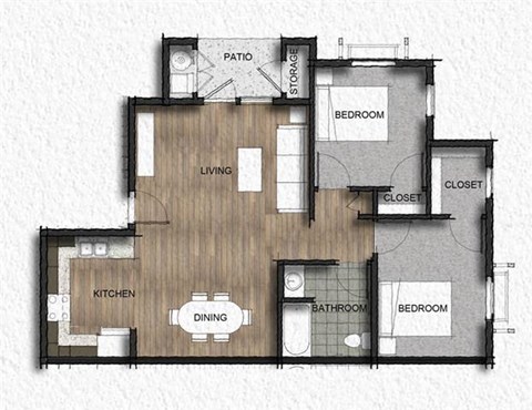 Floor plan for 2 beds, 1 bath, 866 sqft
