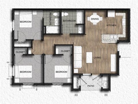 Floor plan for 3 beds, 2 baths, 1052 sqft