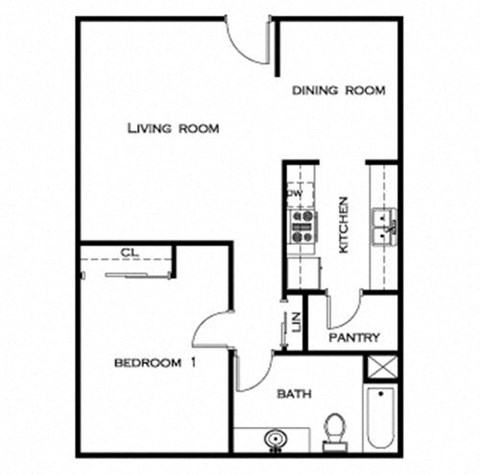 Floor plan for 1 bed, 1 bath, 576 sqft