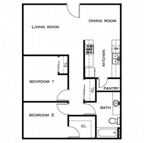 Floor plan for 2 beds, 2 baths, 768 sqft