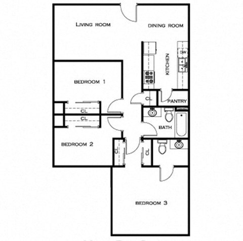 Floor plan for 3 beds, 1.5 baths, 996 sqft