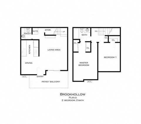 Floor plan for 2 beds, 1.5 baths, 989 sqft
