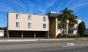 Van Nuys apartment for rent - A modern building with a palm tree in front.