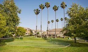 Jurupa Valley apartment for rent - A green field with a white line in the middle and palm trees in the background.