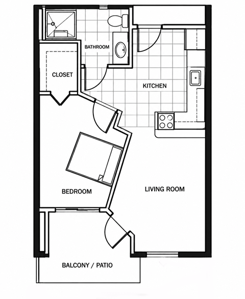 Floor plan for 1 bed, 1 bath, 530 sqft