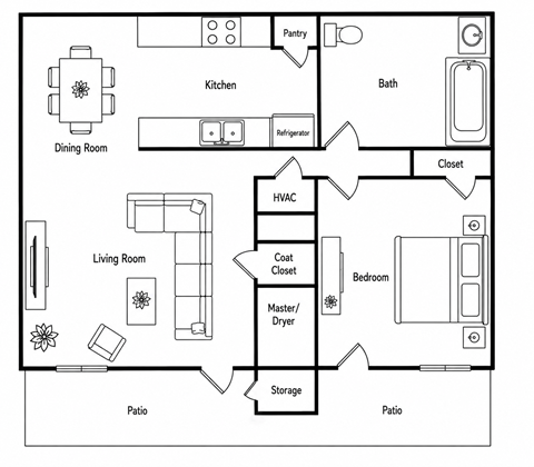 Floor plan for 1 bed, 1 bath, 726 sqft