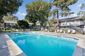 San Jose apartment for rent - A large swimming pool surrounded by trees and chairs.