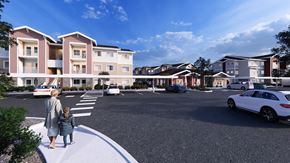 Sanger apartment for rent - a rendering of a woman and a child walking across a street in front of apartments