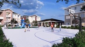 Sanger apartment for rent - a rendering of a basketball court in the middle of an apartment complex with people playing