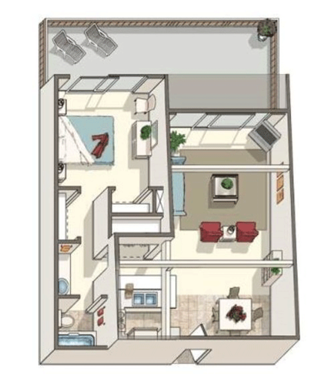 Floor plan for 1 bed, 1 bath, 750 sqft