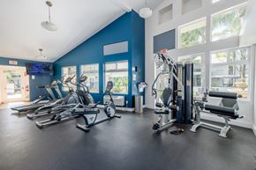 North Hollywood apartment for rent - A gym with a variety of equipment including treadmills, stationary bikes, and weight machines.