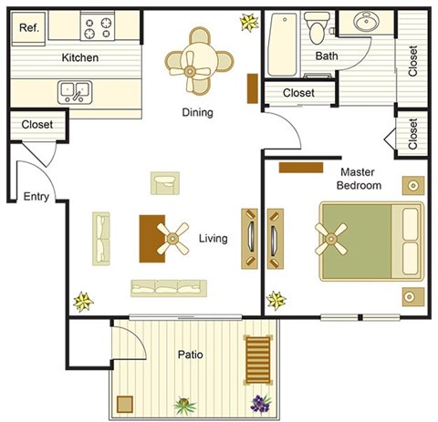 Floor plan for 1 bed, 1 bath, 702 sqft