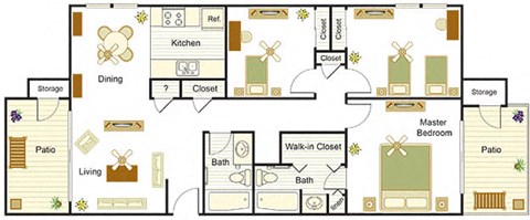 Floor plan for 3 beds, 2 baths, 1176 sqft