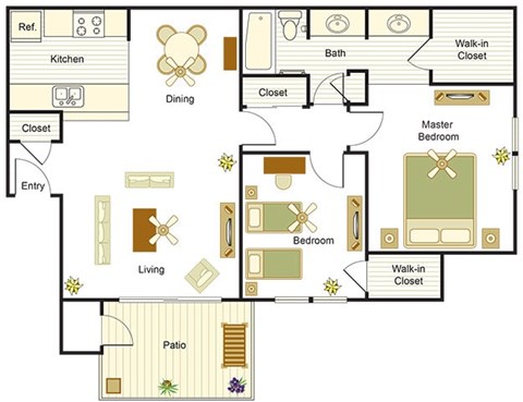 Floor plan for 2 beds, 1 bath, 917 sqft