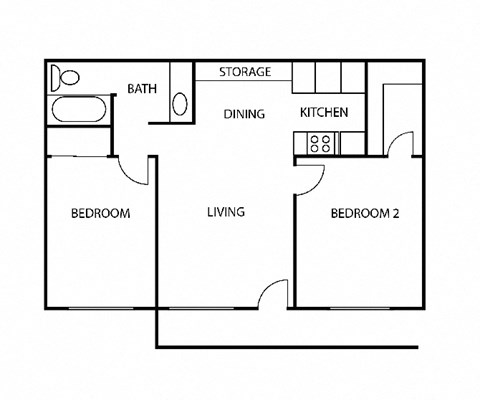 Floor plan for 2 beds, 1 bath, 672 sqft