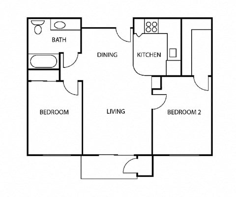 Floor plan for 2 beds, 1 bath, 755 sqft
