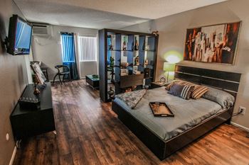 A bedroom with a large bed and a tv in a studio apartment