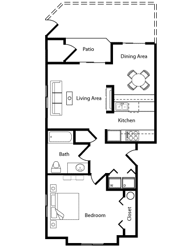 Floor plan for 1 bed, 1 bath, 729 sqft