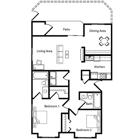 Floor plan for 2 beds, 2 baths, 956 sqft
