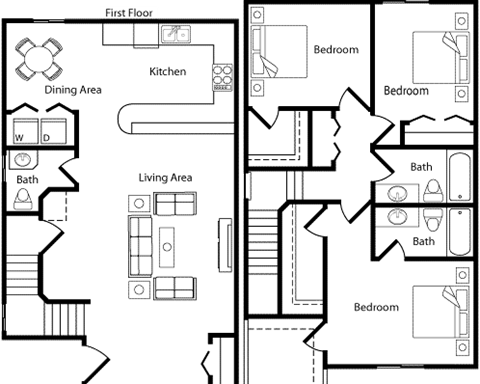 Floor plan for 3 beds, 2.5 baths, 1576 sqft