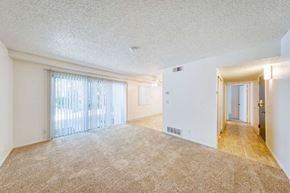 San Jose apartment for rent - A spacious room with a carpeted floor and a sliding glass door.