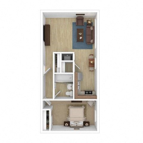Floor plan for 1 bed, 1 bath, 557 sqft