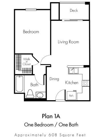Floor plan for 1 bed, 1 bath, 577 sqft