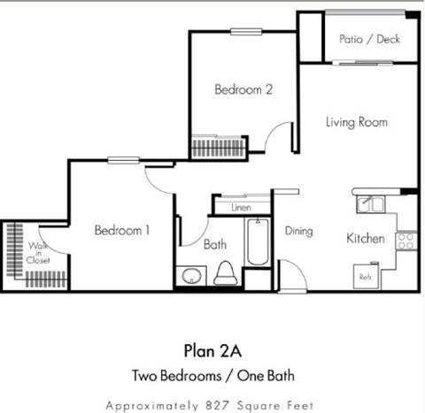 Floor plan for 2 beds, 1 bath, 827 sqft