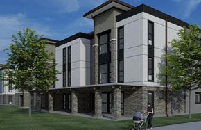 American Canyon apartment for rent - a rendering of a three story apartment building with a woman pushing a stroller in front of