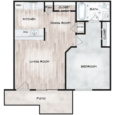 Floor plan for 1 bed, 1 bath, 625 sqft